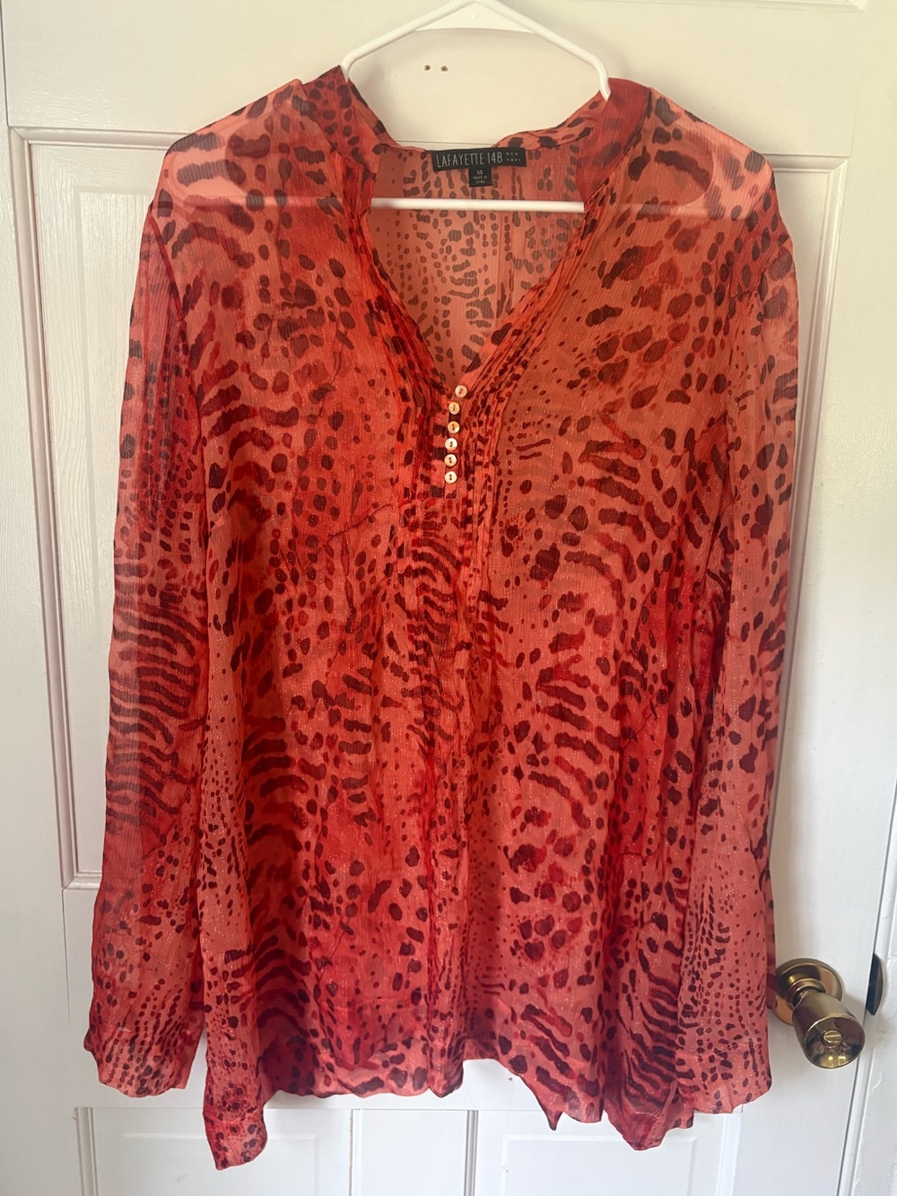 Lafayette 148 Cheetah Animal Print Sheer Blouse Orange Red Metallic, Size 14